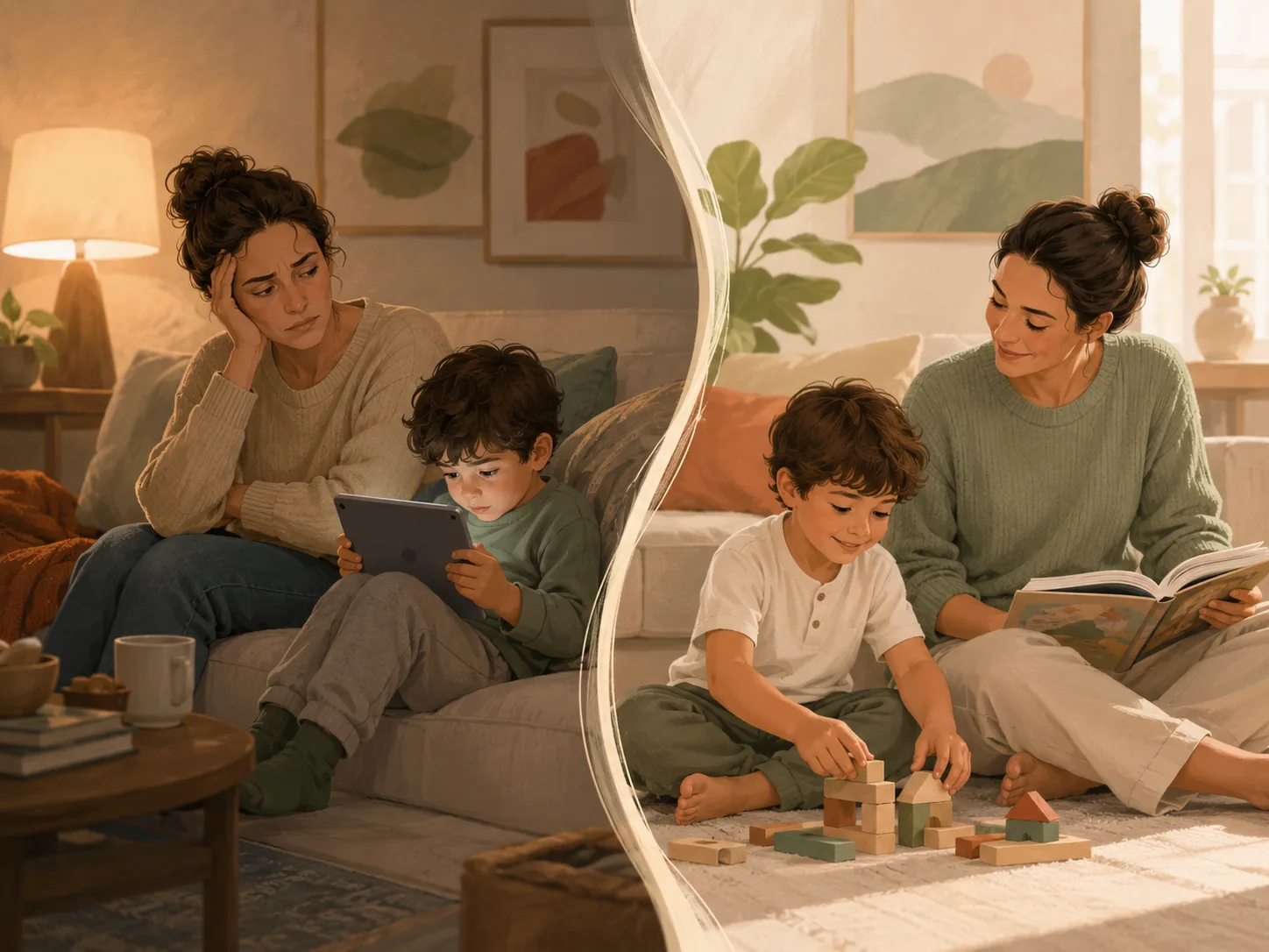 A screen time battle giving way to a calm shared moment between a parent and child.