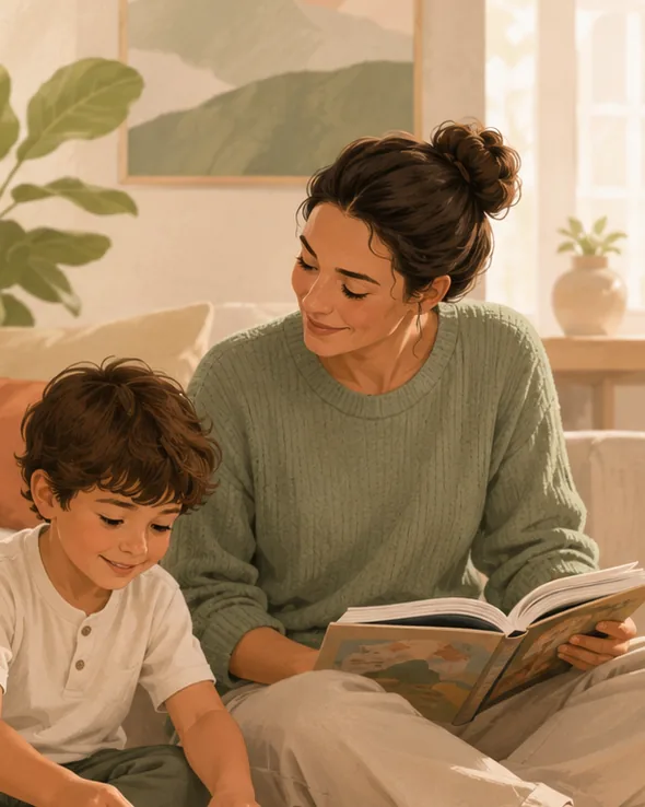 Easier Transitions, More Connection. A screen time battle giving way to a calm shared moment between a parent and child.