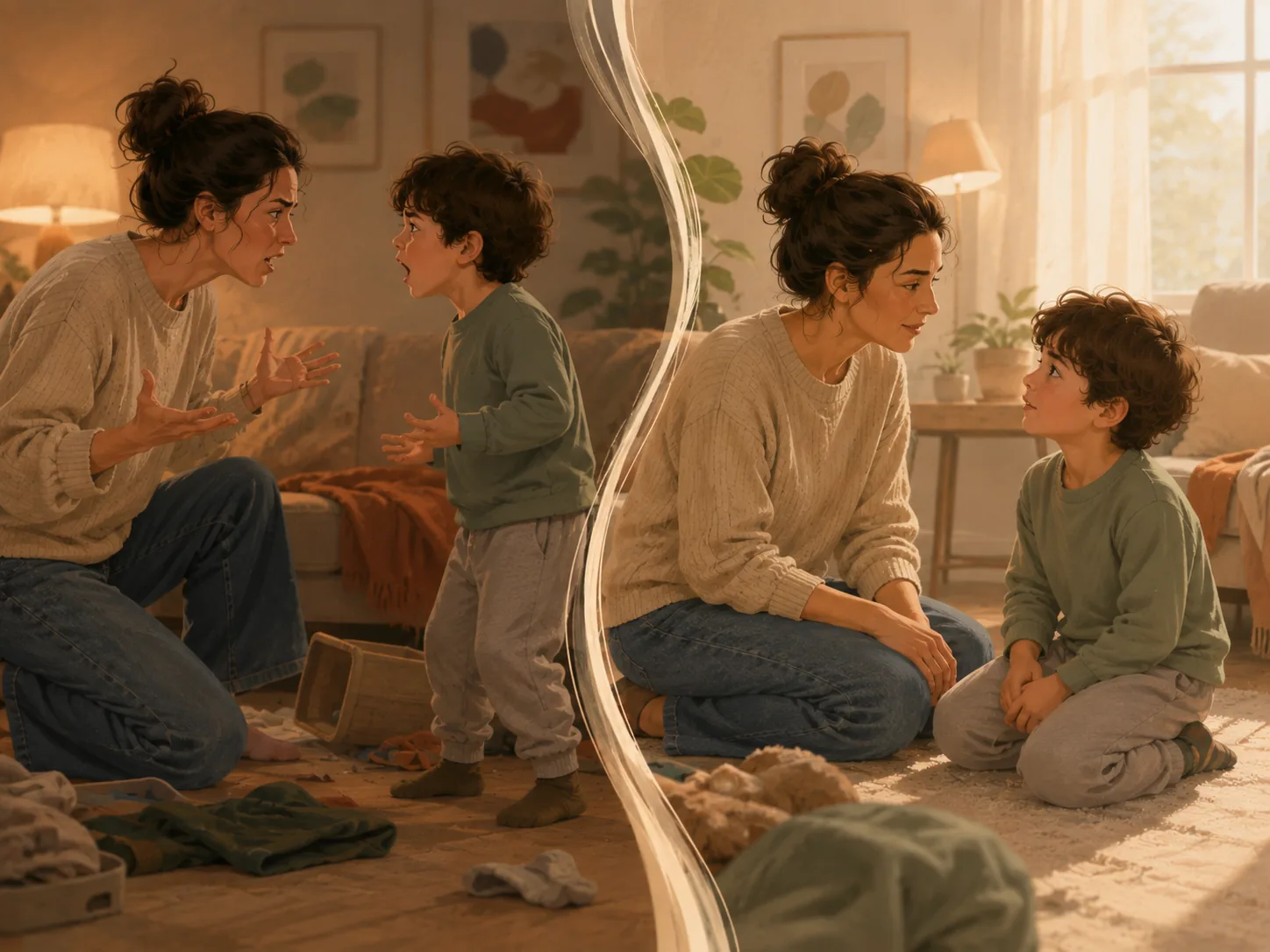 A tense exchange giving way to a calm conversation between parent and child.