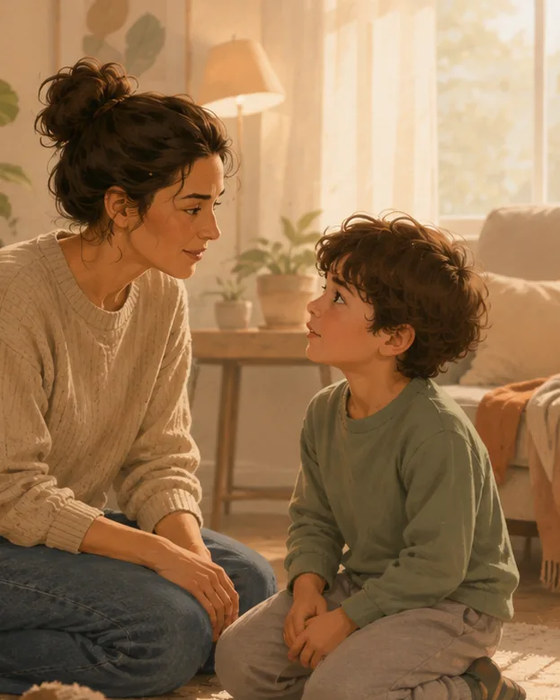 Calmer Conversations. A tense exchange giving way to a calm conversation between parent and child.