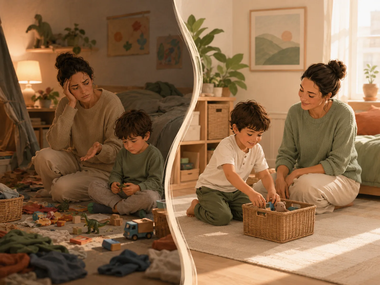 A cluttered room and clean-up battle giving way to a calmer, more organised space.