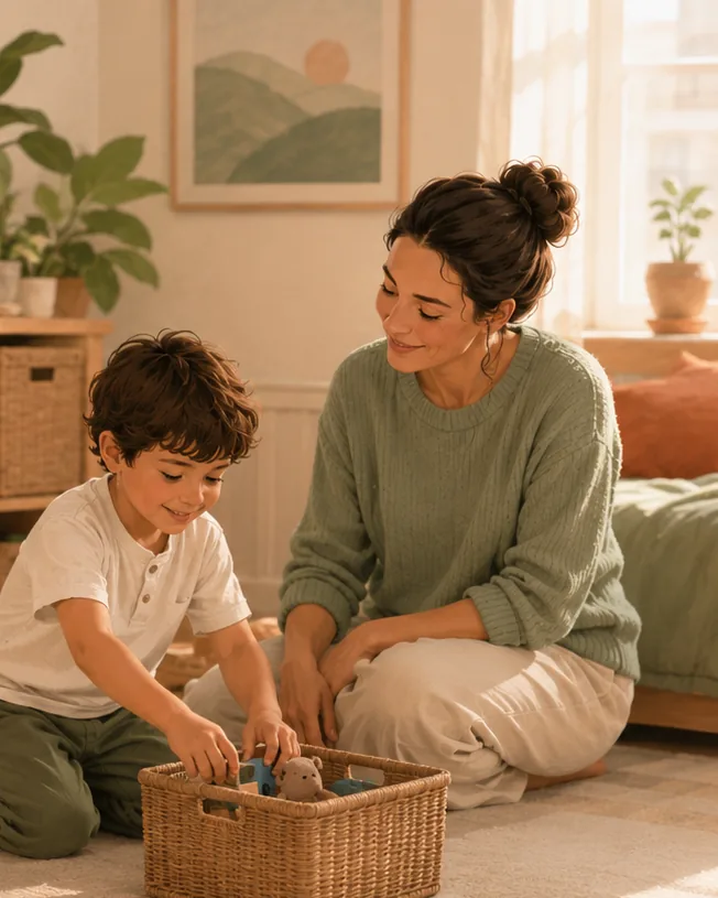 More Shared Responsibility. A cluttered room and clean-up battle giving way to a calmer, more organised space.