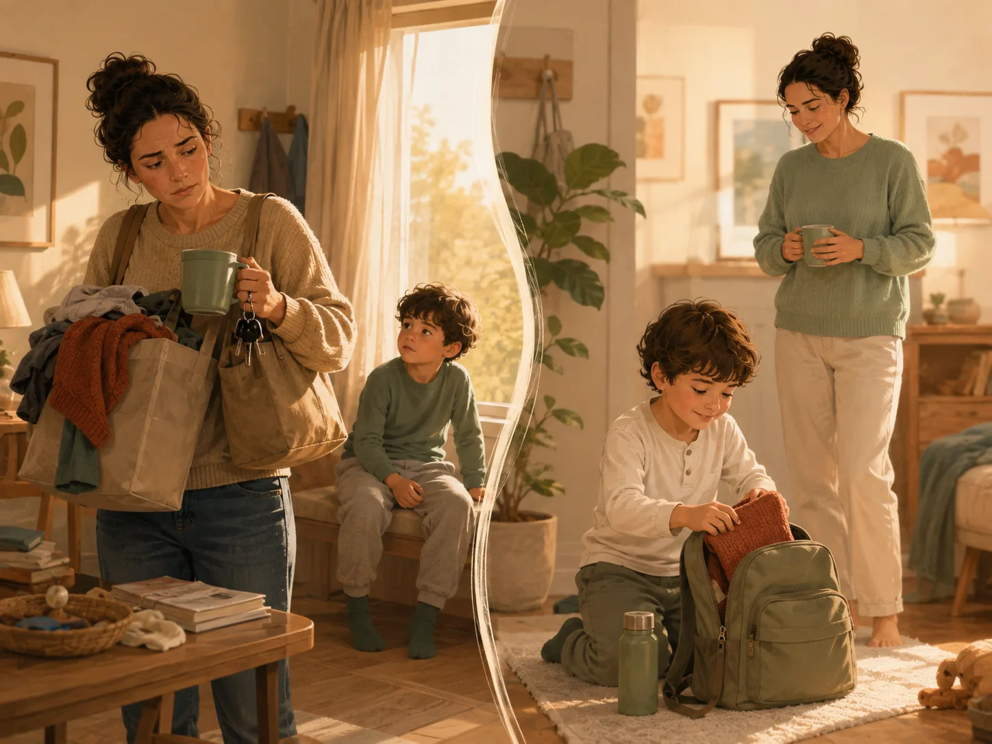 A parent carrying everything giving way to a child taking charge of their own things.