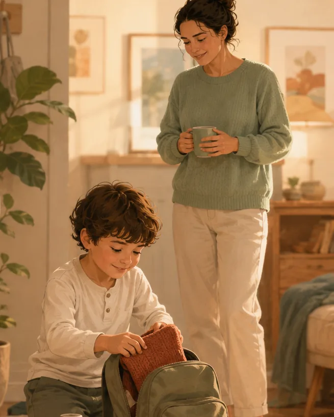 More Ownership Over Time. A parent carrying everything giving way to a child taking charge of their own things.