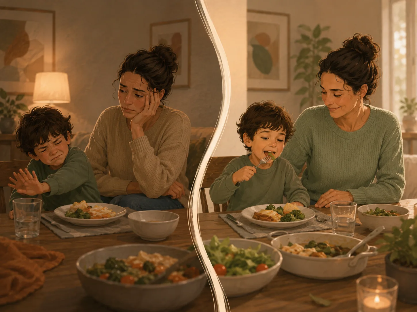 A tense mealtime giving way to a calmer meal together.