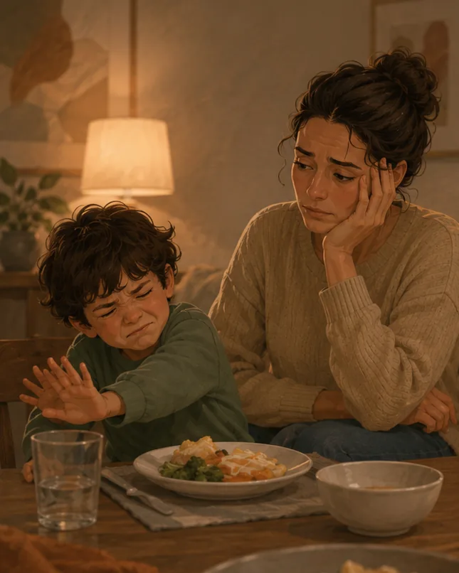 Dinner Turns Into Bargaining. A tense mealtime giving way to a calmer meal together.