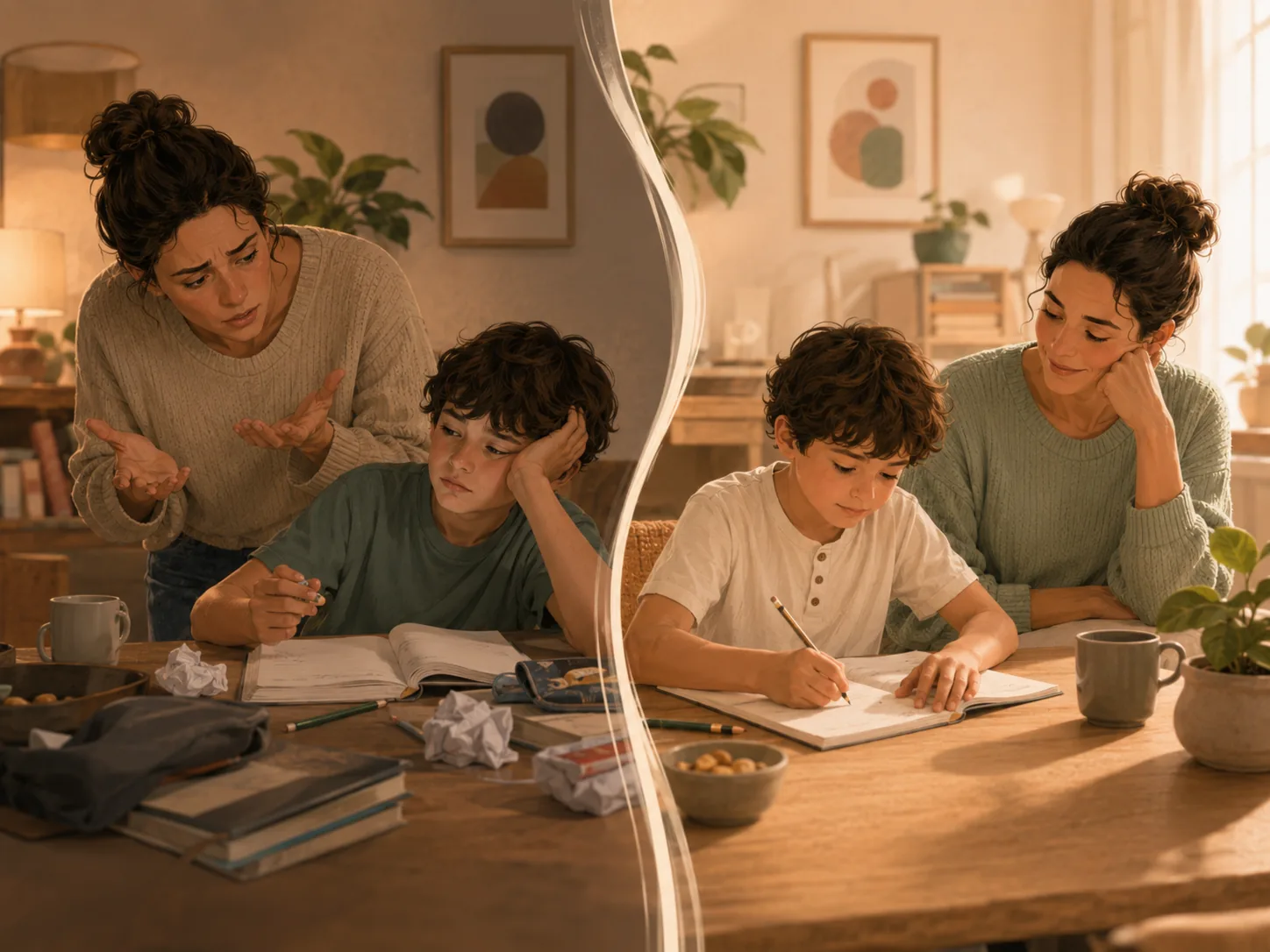 Homework frustration giving way to calmer, more independent focus.